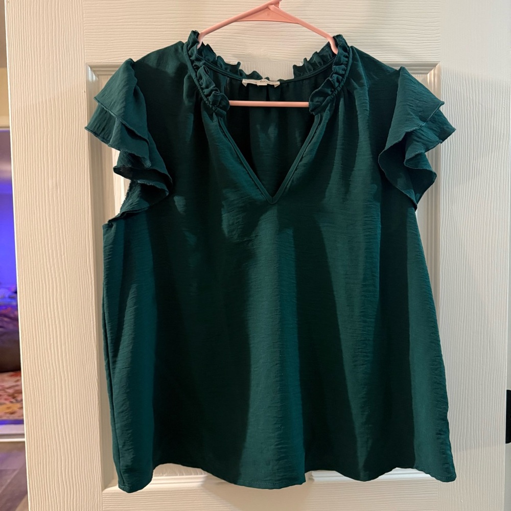 Elegant Emerald Green Ruffle Sleeve Blouse – V-Neck Flowy Top